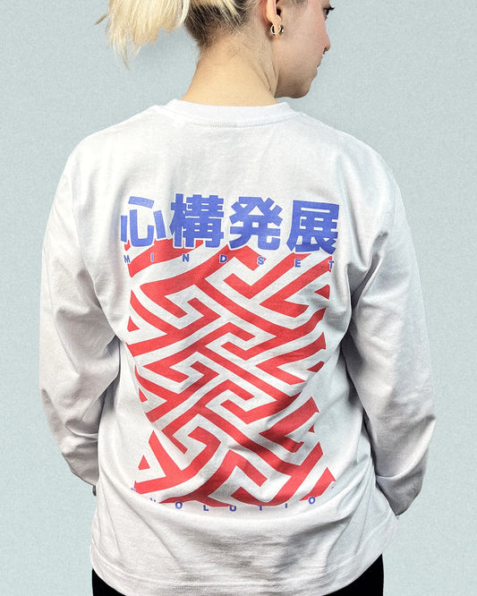 Kō heavyweight longsleeve white with red and blue kōji-tsunagi pattern back view