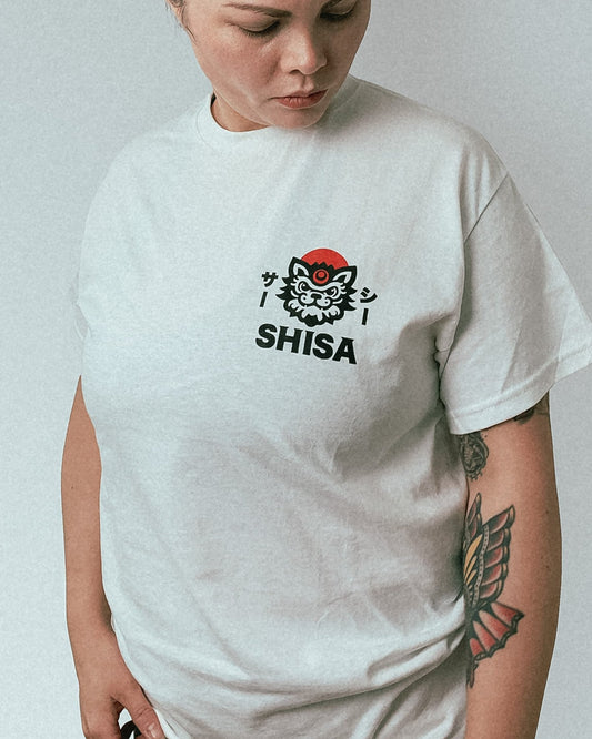 Kihon white t-shirt pocket print Shisa logo karate training under gi front view