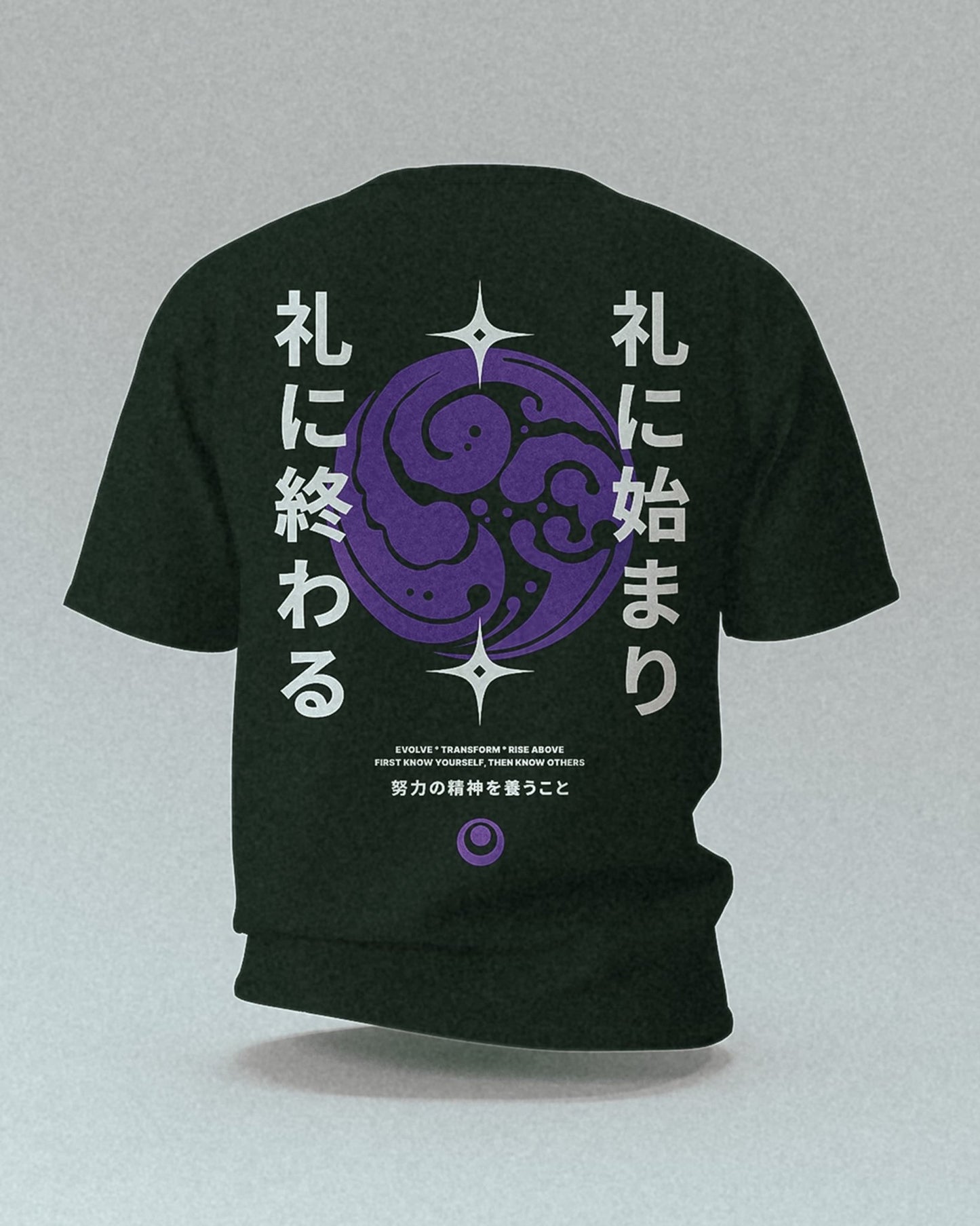 black t-shirt with white and purple japanese martial arts design unisex