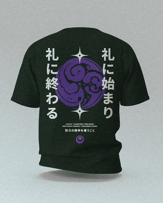 black t-shirt with white and purple  japanese martial arts design unisex