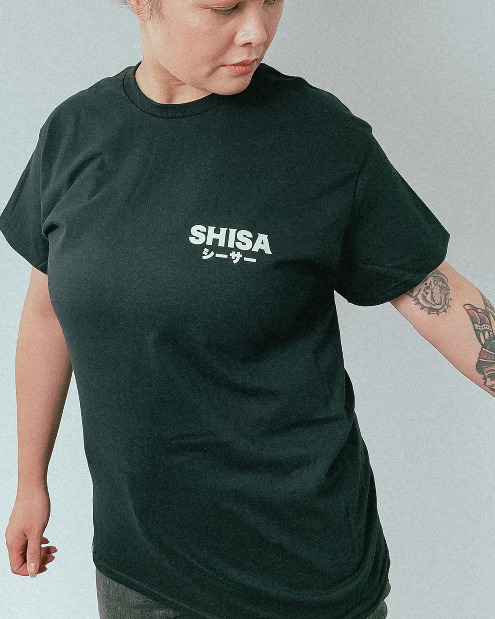 black t-shirt with white and red  japanese martial arts design unisex