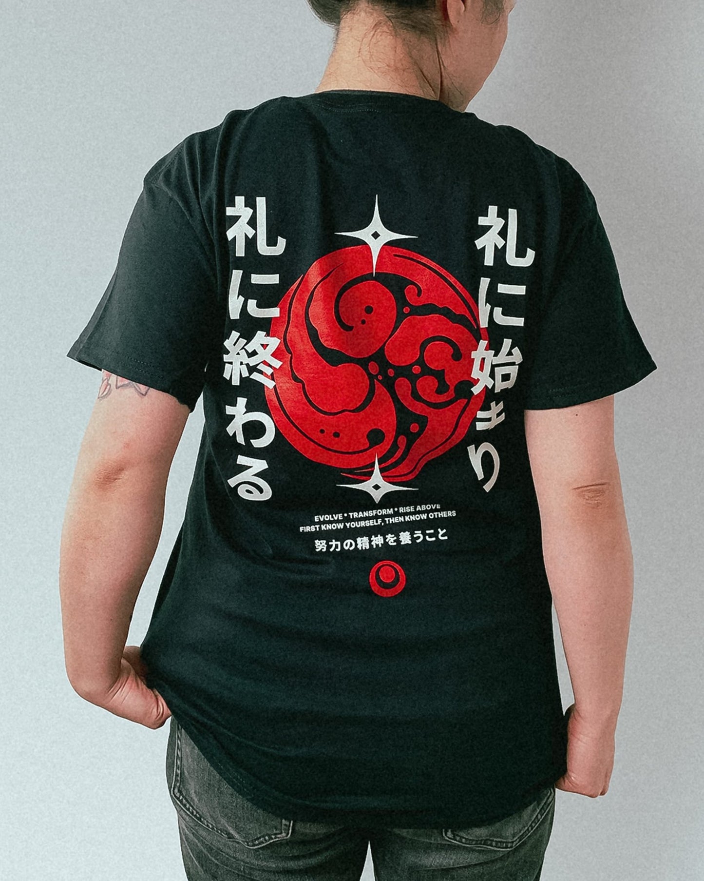black t-shirt with white and red japanese martial arts design unisex