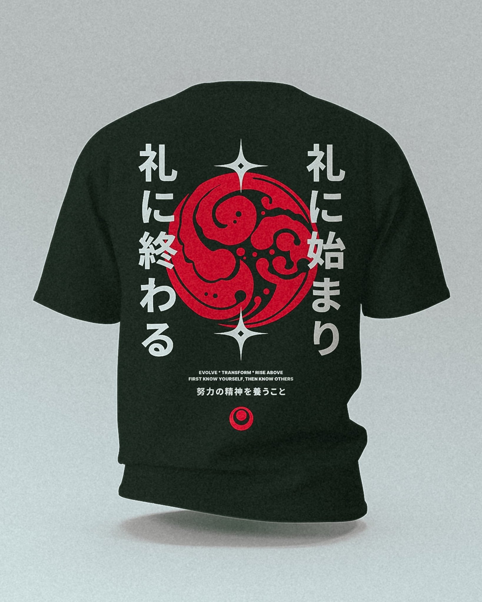 black t-shirt with white and red  japanese martial arts design