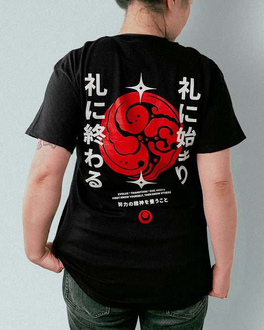 black t-shirt with white and red japanese martial arts design unisex