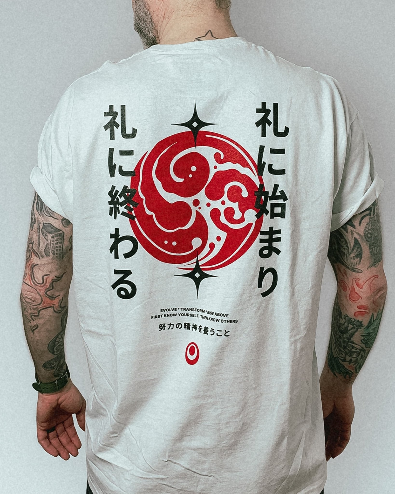 white t-shirt with black and red  japanese martial arts design unisex