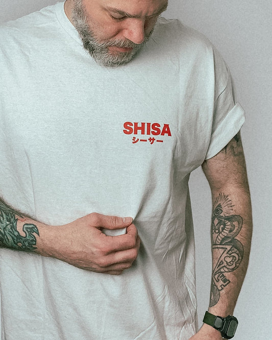 white t-shirt with black and red  japanese martial arts design unisex