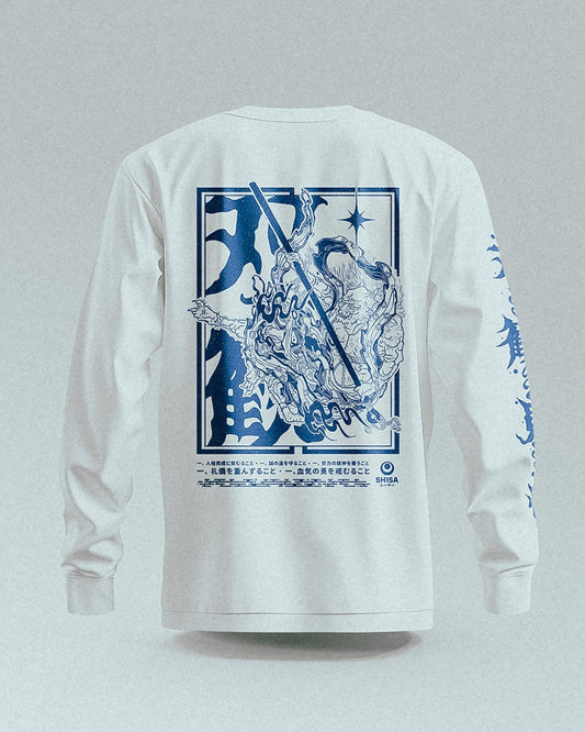 unisex white longsleeve with blue japanese martial arts design