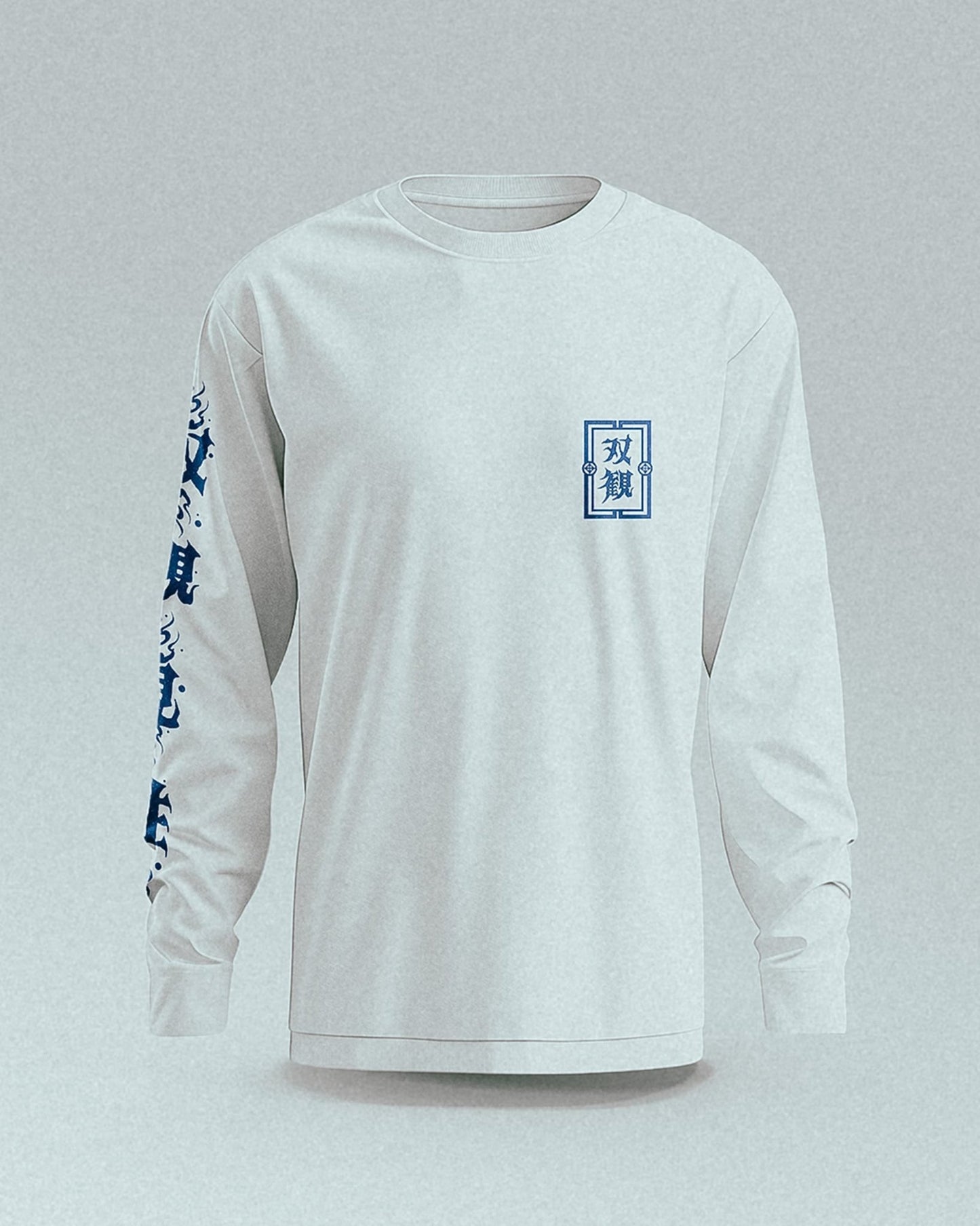 unisex white longsleeve with blue japanese martial arts design