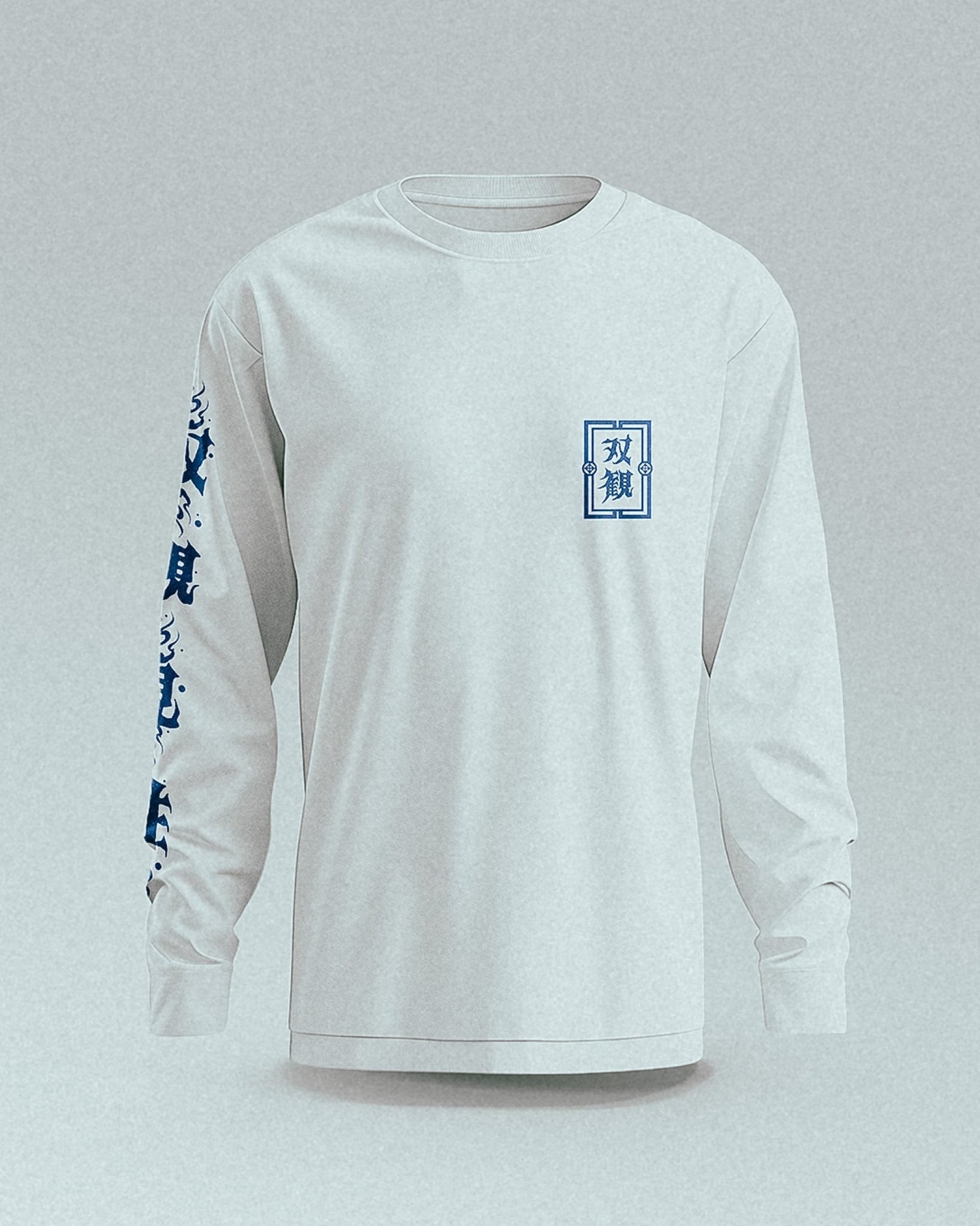 unisex white longsleeve with blue japanese martial arts design