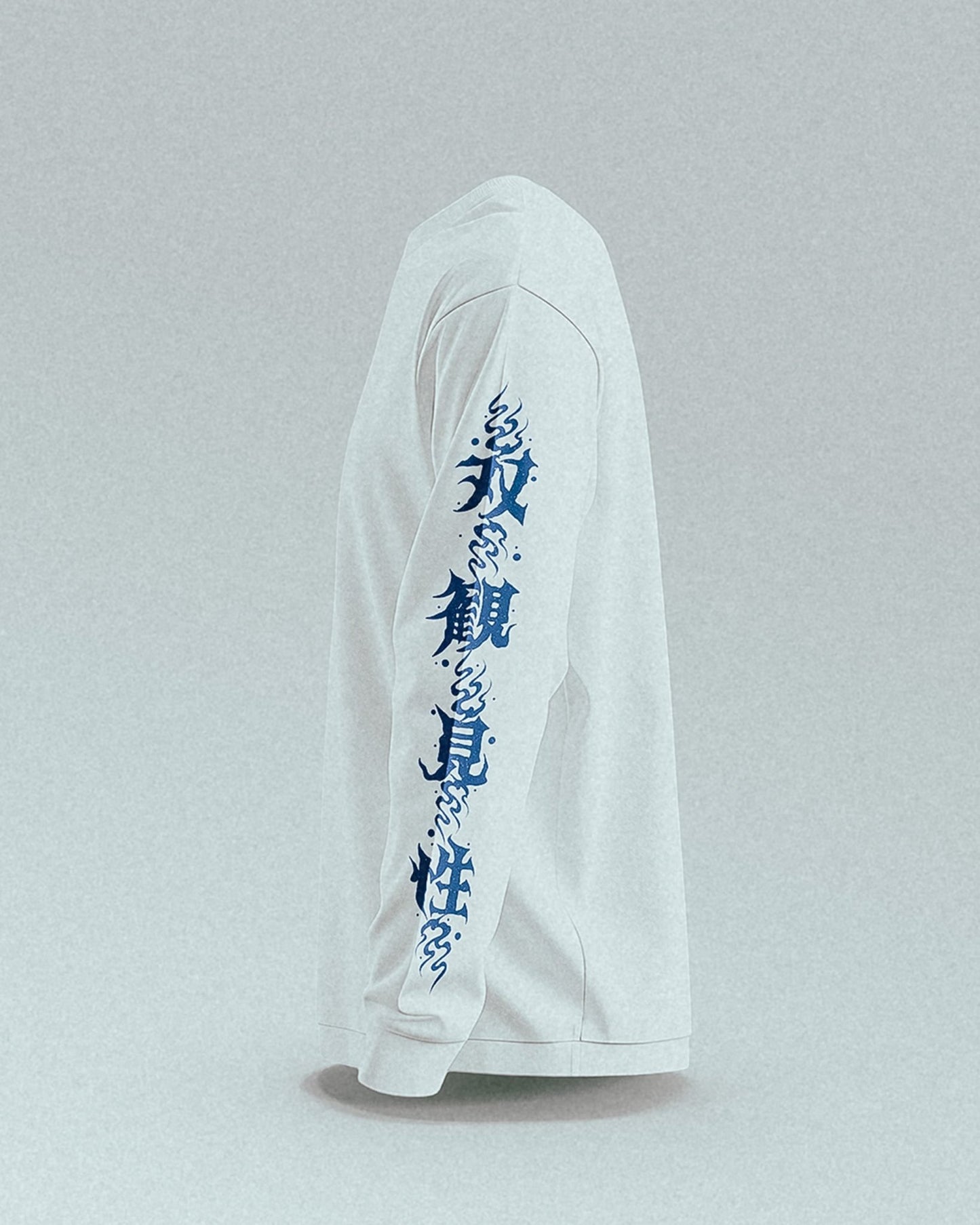 unisex white longsleeve with blue japanese martial arts design