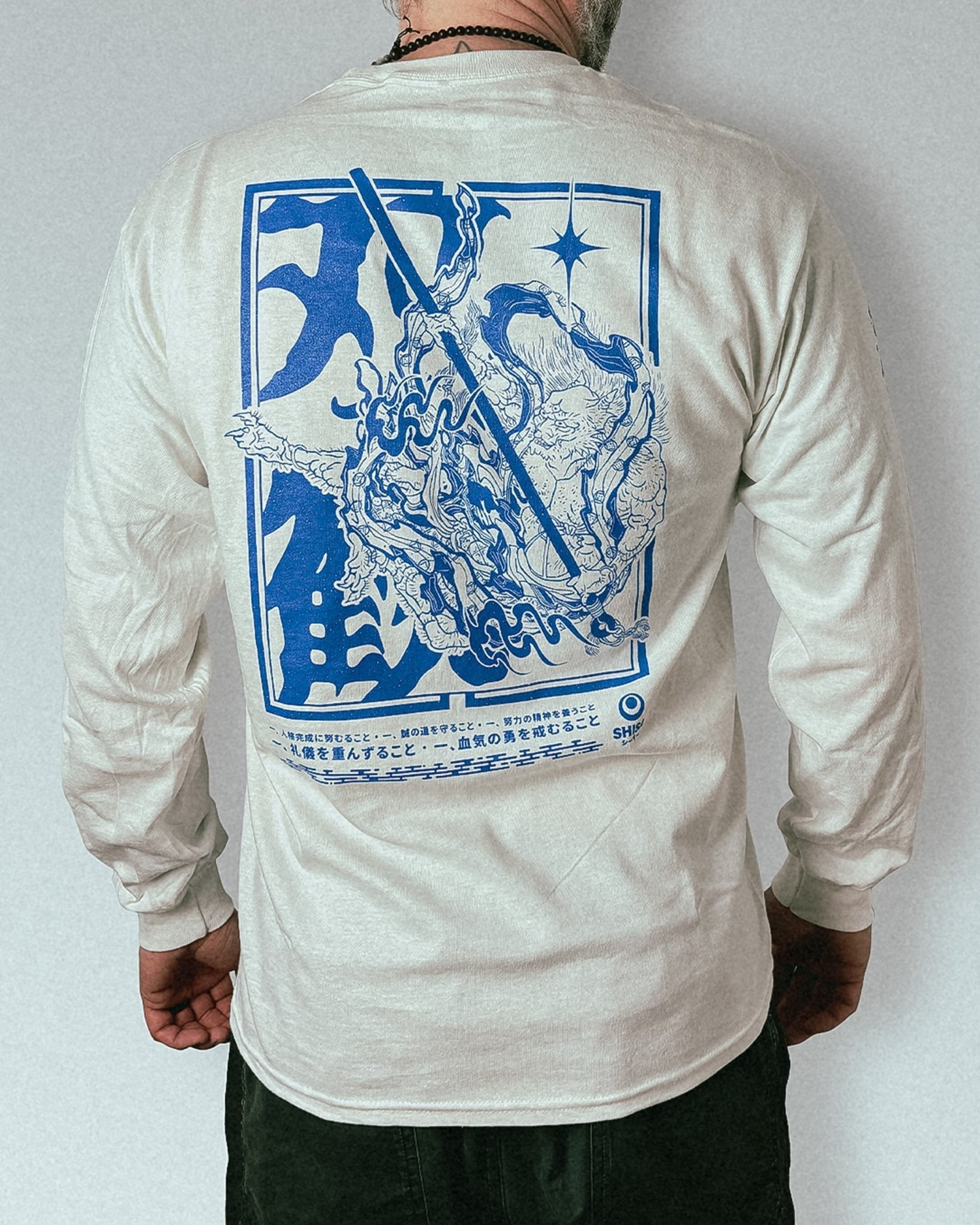 white longsleeve with blue japanese martial arts design for men