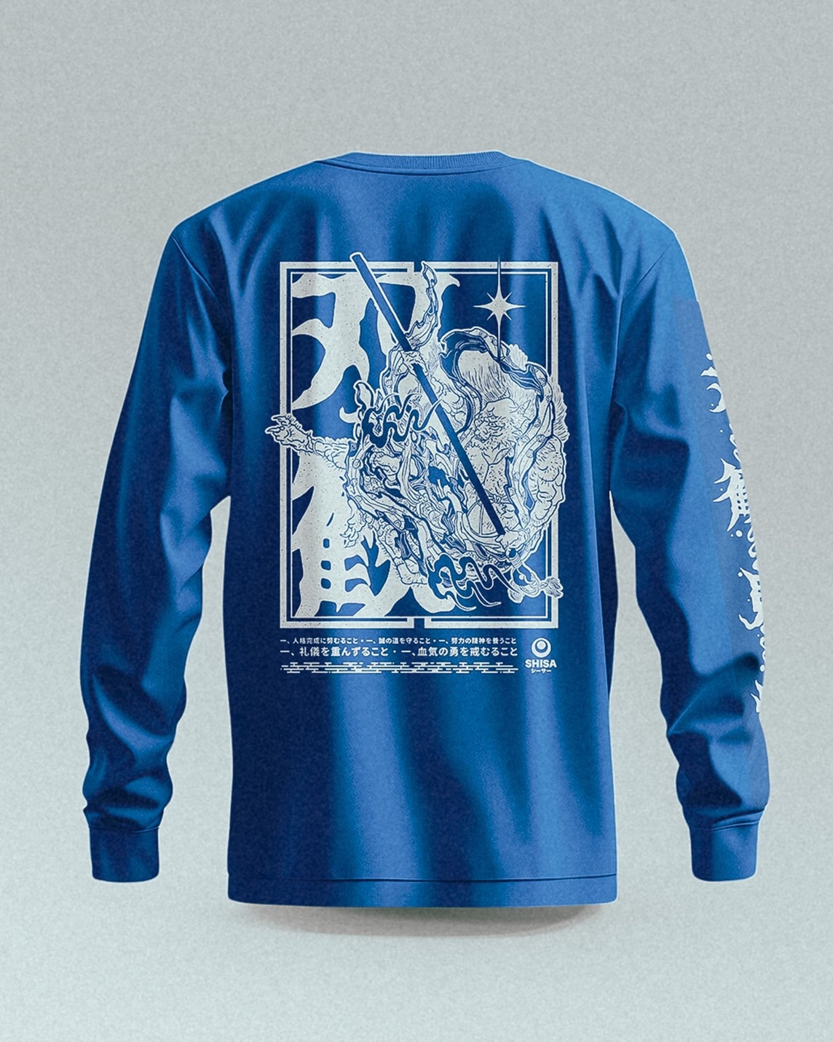 unisex blue longsleeve with white japanese martial arts design