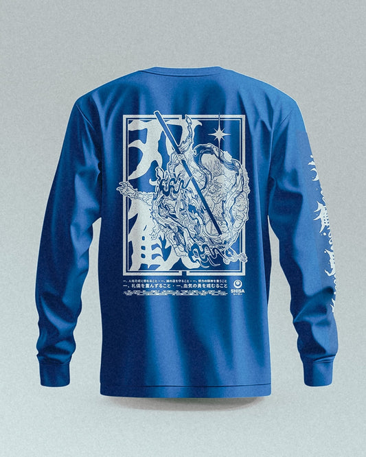 unisex blue longsleeve with white japanese martial arts design