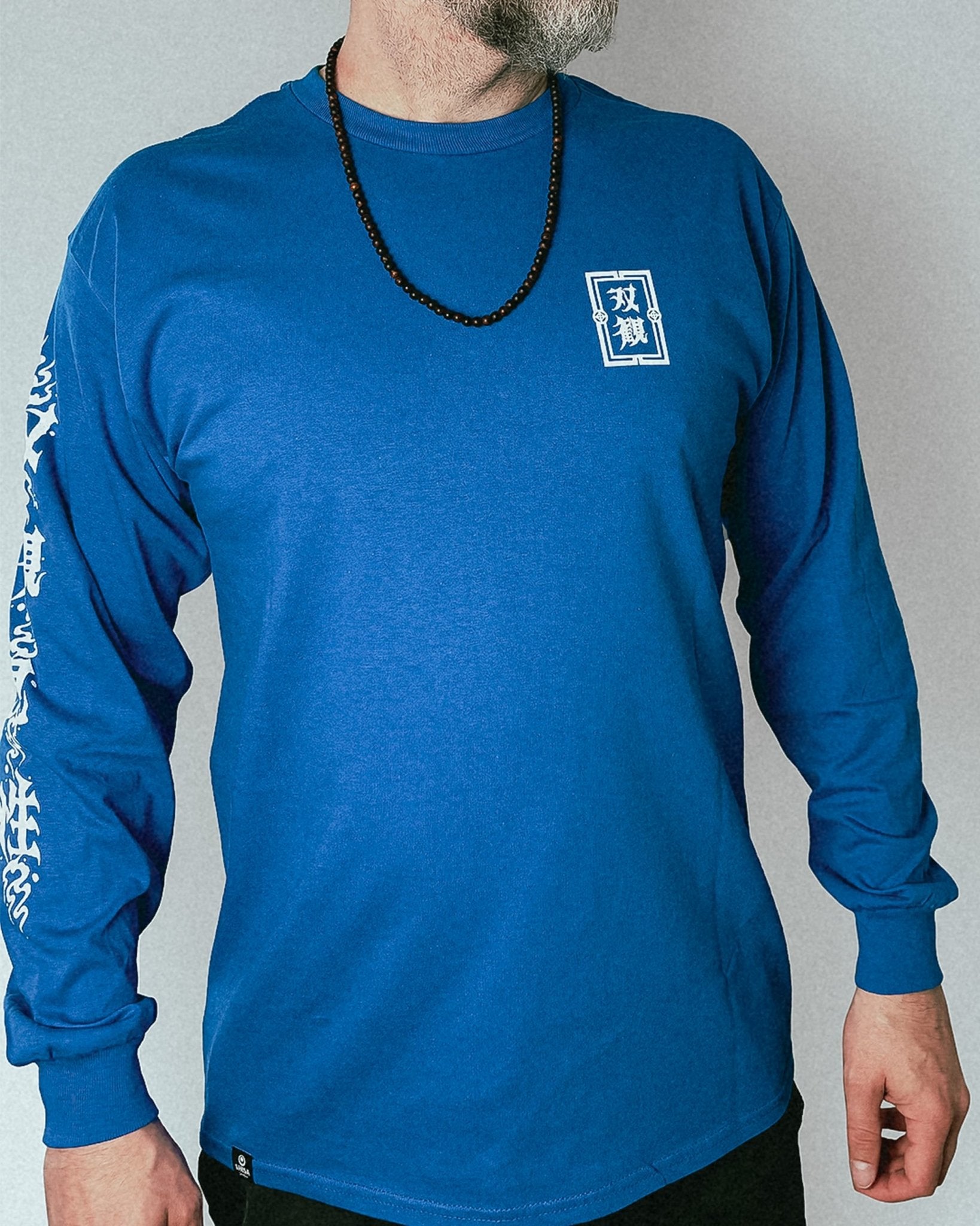 unisex blue longsleeve with white japanese kanji design
