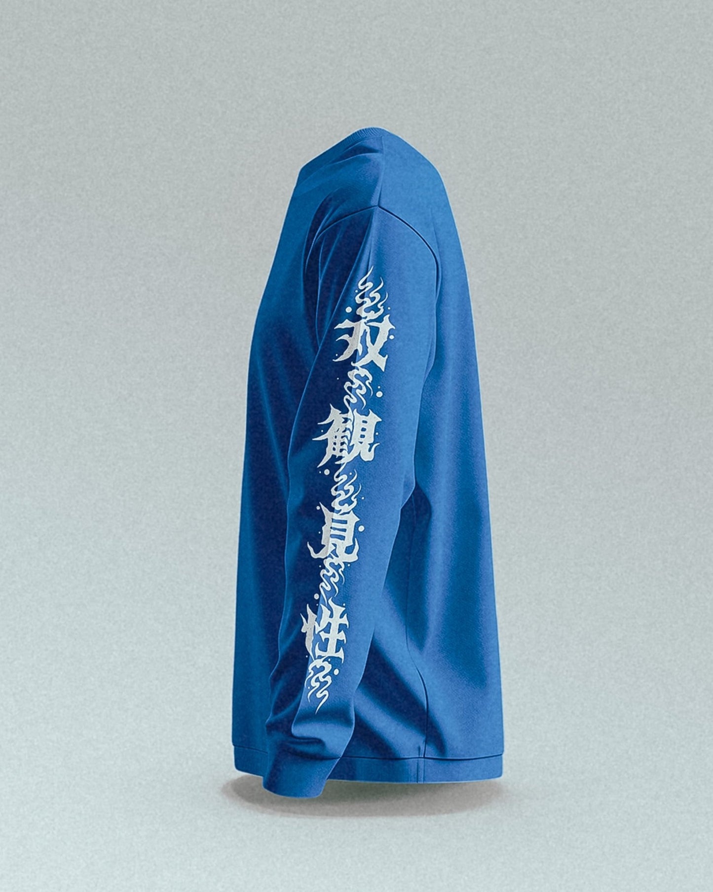unisex blue longsleeve with white japanese kanji design