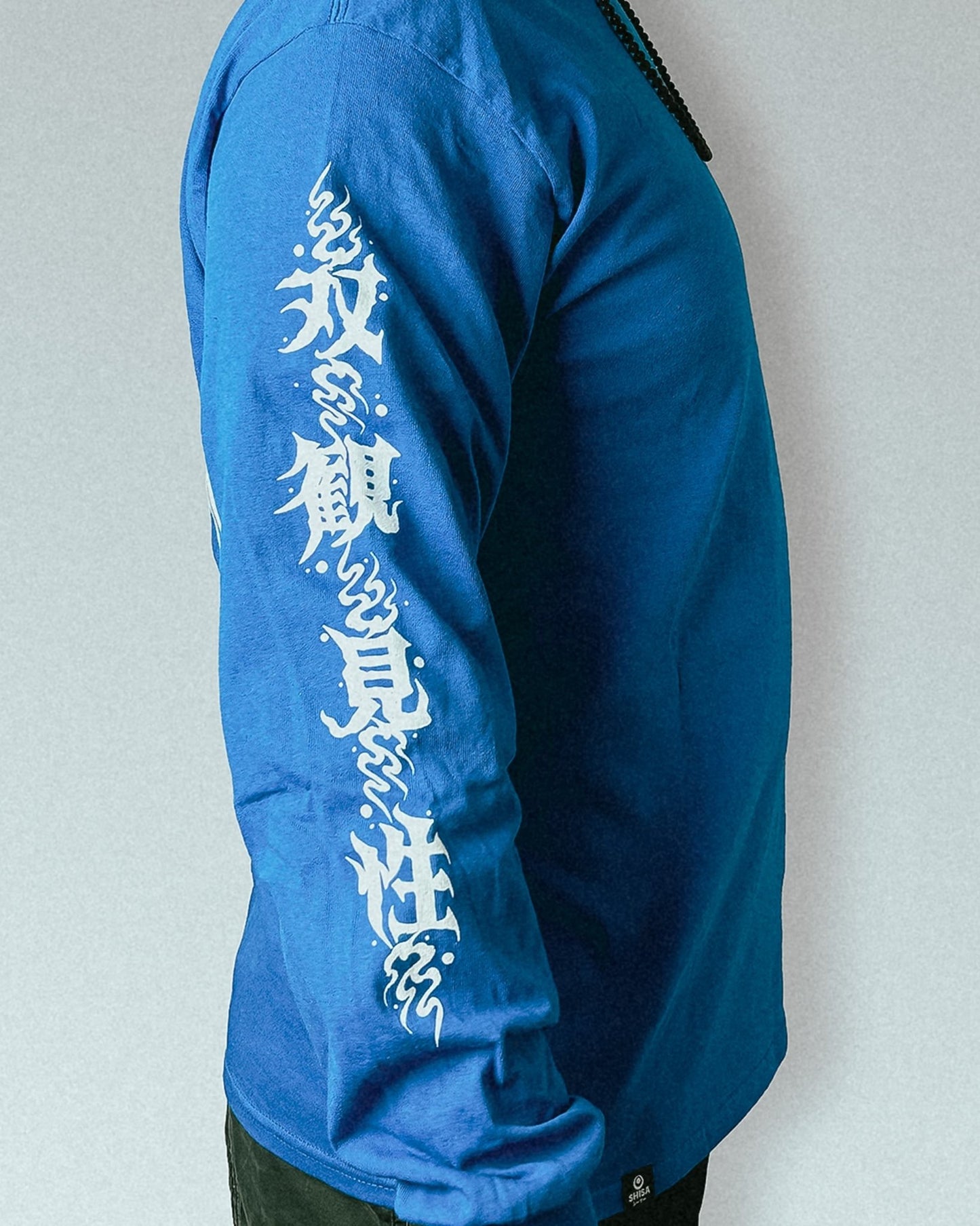 unisex blue longsleeve with white japanese martial arts design