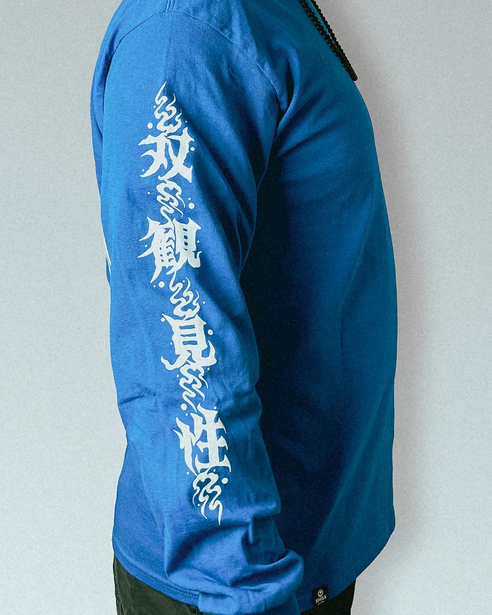 unisex blue longsleeve with white japanese martial arts design