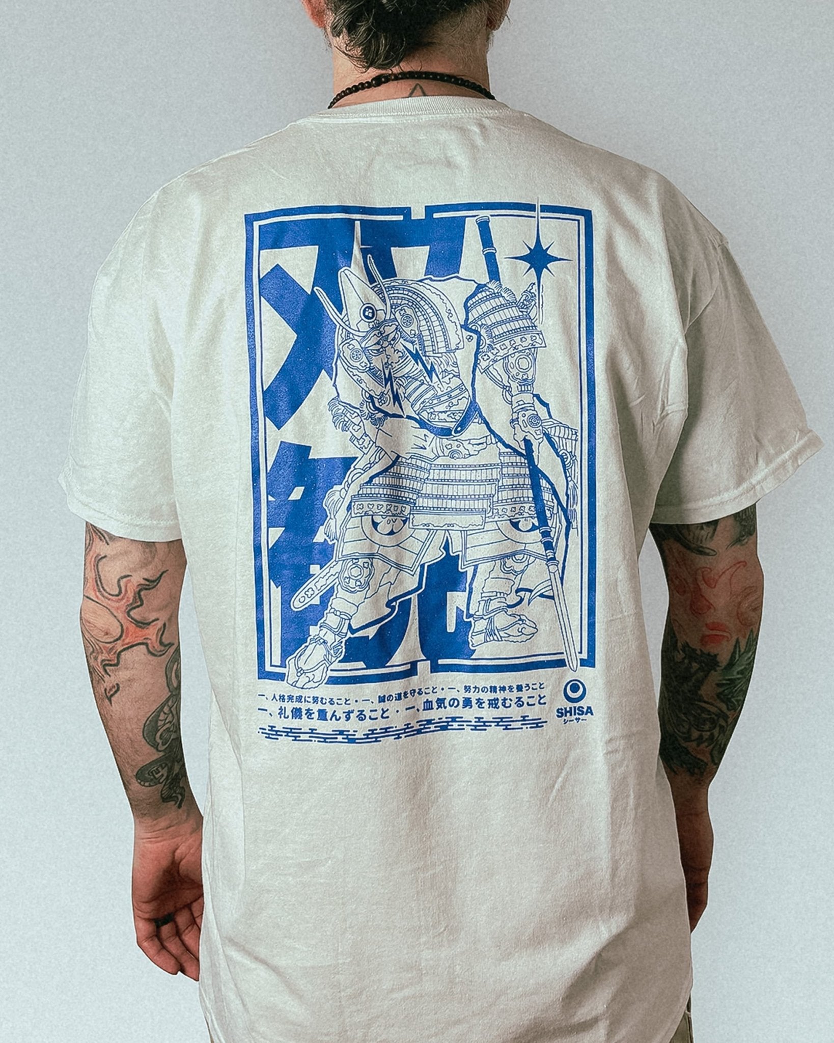unisex white t-shirt with blue japanese kanji design
