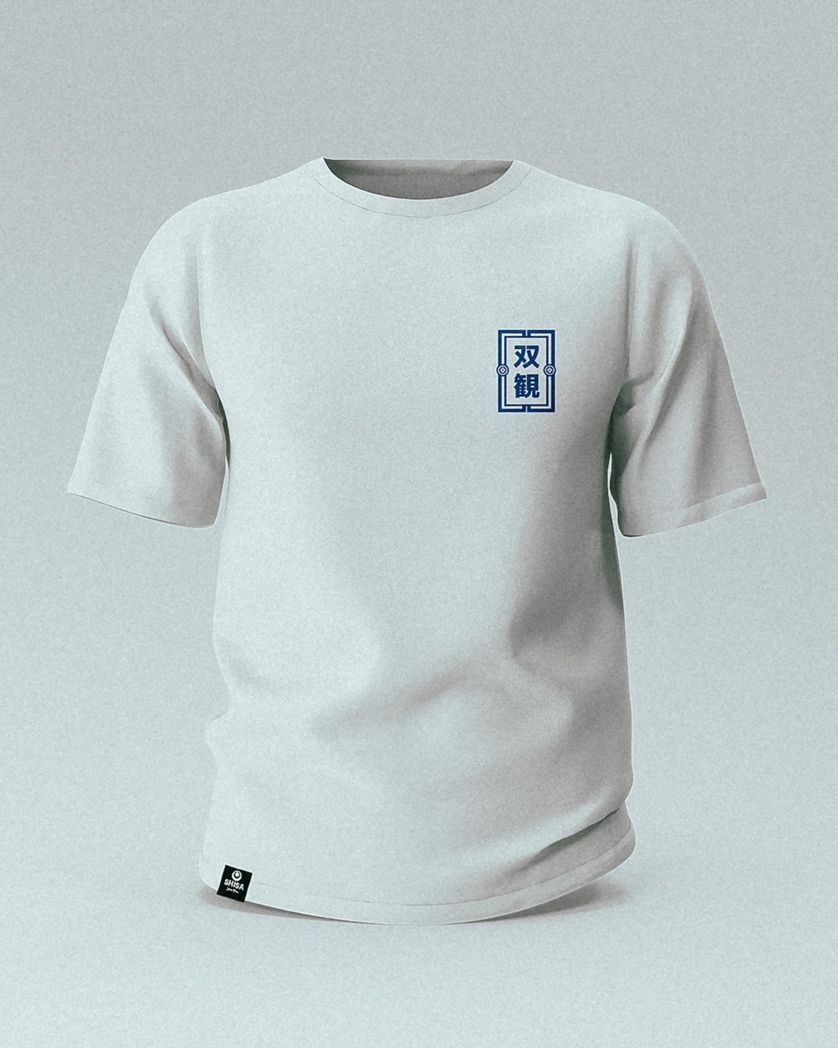 unisex white 100% cotton t-shirt with blue japanese martial arts design