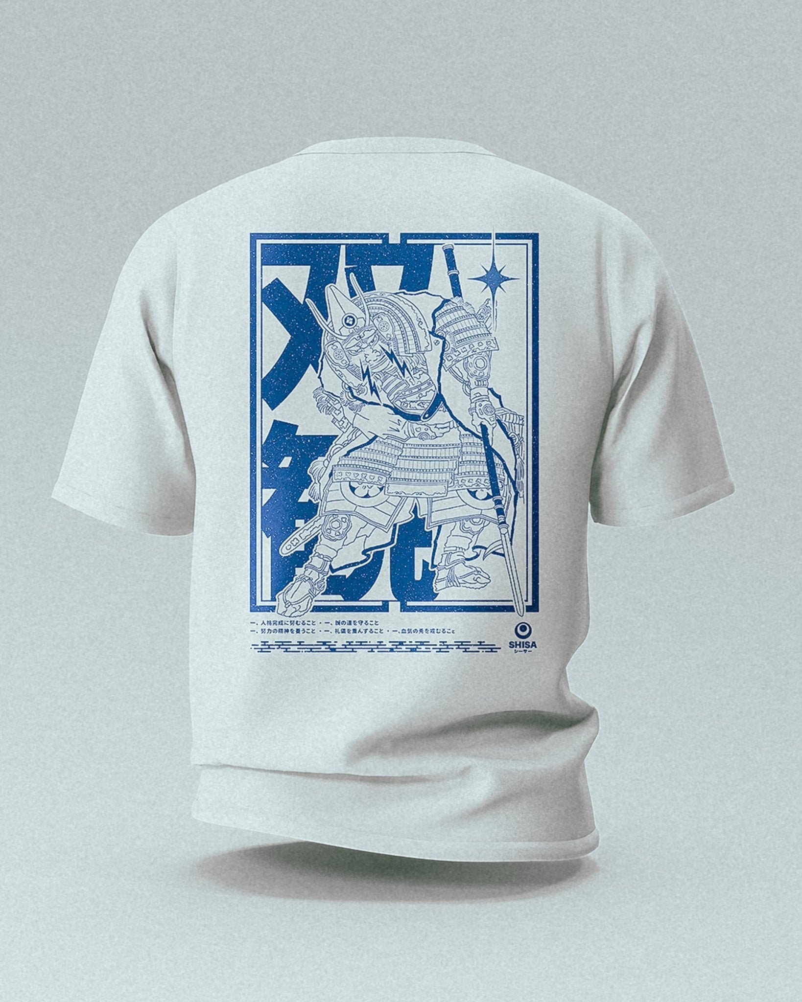 unisex white t-shirt with blue japanese martial arts design