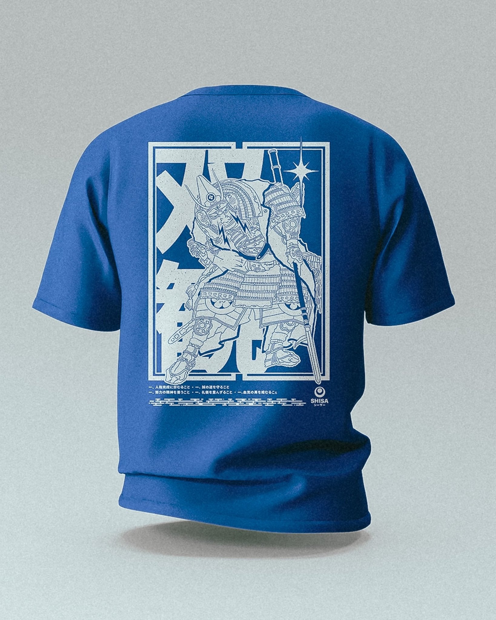 unisex blue t-shirt with white japanese martial arts design