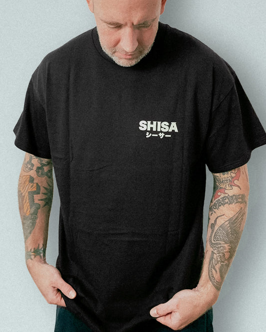 black t-shirt with white and purple japanese martial arts design unisex