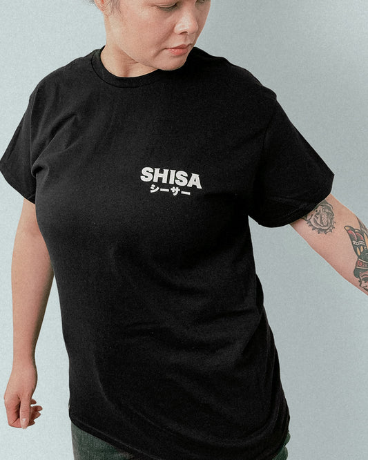 black t-shirt with white and red japanese martial arts design unisex