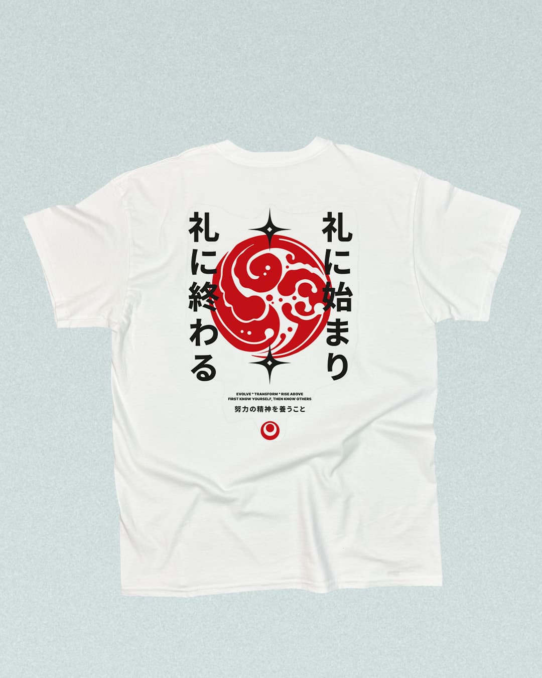 white t-shirt with black and red  japanese martial arts design unisex